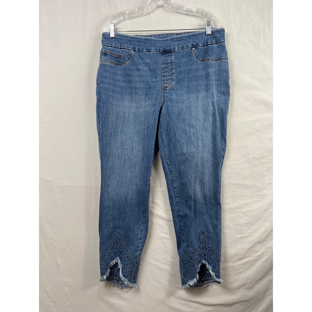 Chico's Pull On Jegging Ankle Women 14R 2.5R Blue Eyelet Tulip Hem Frayed Denim